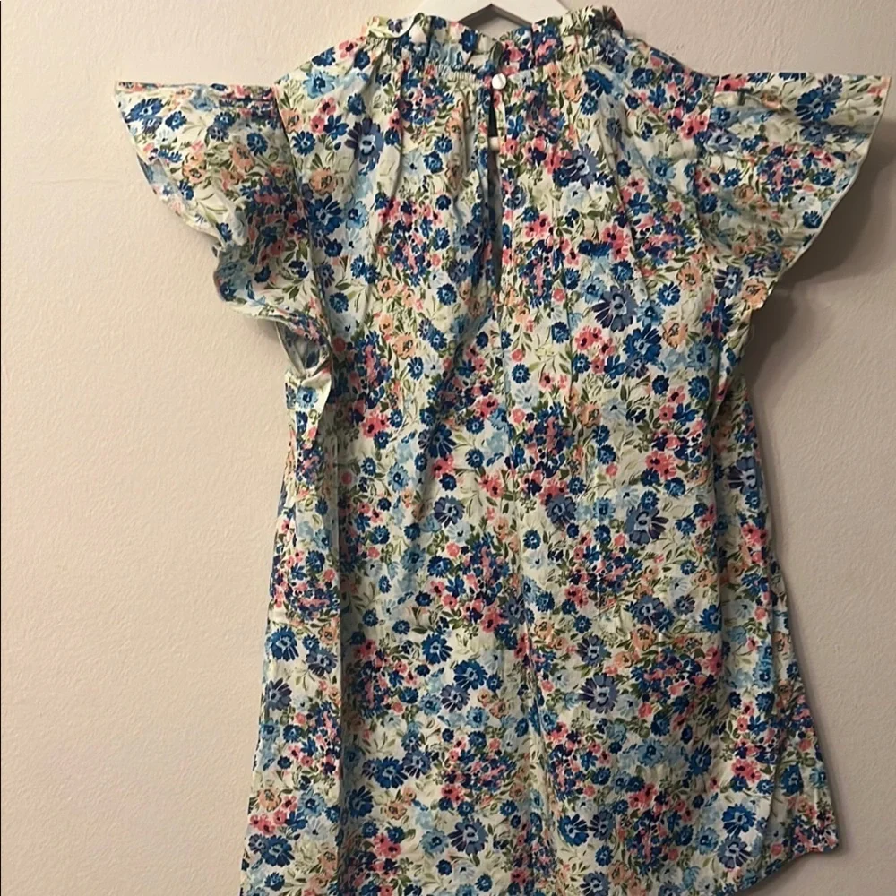 First Love Blue and Pink Ruffled Peter Pan Collar Blouse pit to pit 20” lgth 27”